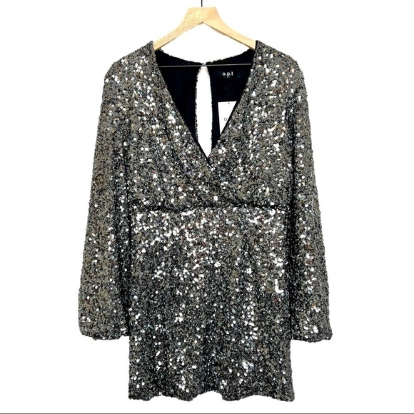 NWT O.P.T. 70s Silver Sequin Puffed Long Sleeve Faux Wrap Studio 54 Mini Dress L - Picture 3 of 7